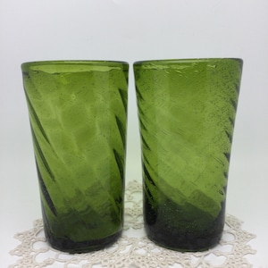 Set of Two Hand Blown Hand Crafted Bubble Glass Swirl Tumblers, Barware, Olive Green