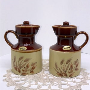 Set of Vintage Retro Ceramic Brown and Cream Glazed Pottery Vinegar and Oil Cruets, Wheat Floral Transfer Design, JAPAN