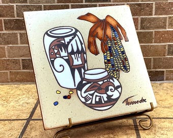 Vintage Cleo Teissedre Ceramic Hand-painted Decorative Tile Southwestern-style Coaster, Trivet or Wall Art Piece, USA