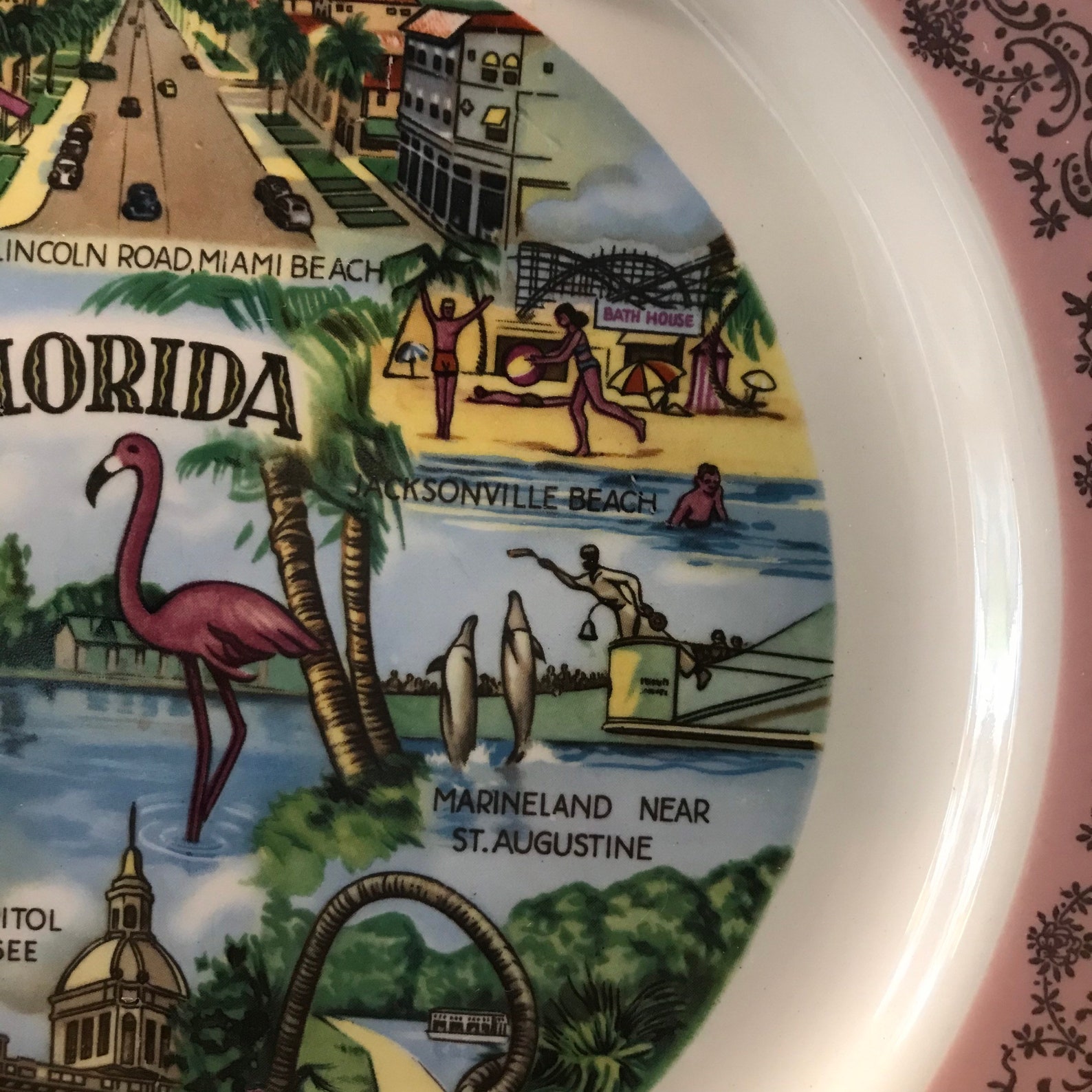 Vintage Florida Souvenir Collectible Plate Pink with Gold Gild Etsy