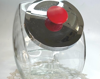 Vintage 1950s Tilted Glass General Store Candy Counter Jar Drug Store Metal Silvertone Tin Lid Red Handle