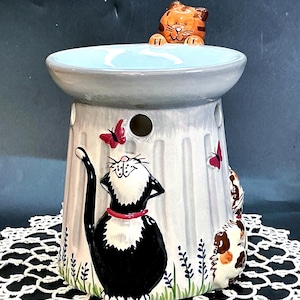 Vintage Essential Oils Waxcessories Ceramic Butterfly and Cat Decorated Bird Bath “Cat Tails” Simmer Wax Melt Oil Diffuser Votive Pot, 10341