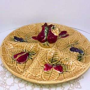 Vintage Ceramic Majolica Hand Painted Appetizer/Hors D’oeuvres Divided Round Dish Raised Embossed Fruit Leaf Motif #53/620