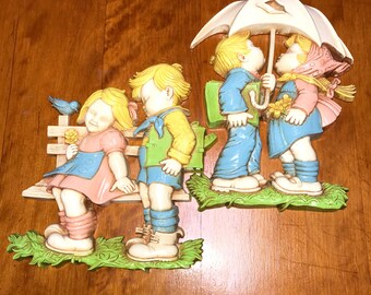 Vintage HOMCO Set of Two Children’s Boy and Girl on Park Bench/Under an Umbrella, Wall Hangings Plaques, 1977