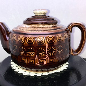 Vintage NASCO Redware Brown Glazed with White Frosted Drip Glaze Teapot Spiral, Sunburst, and Greek Key Design