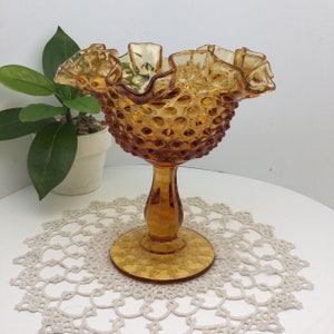 Vintage Fenton Glass Honey Amber Hobnail Ruffled Crimp Top Edge Footed Pedestal Compote Candy Dish Bowl Vase