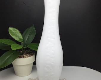 Vintage White Milk Glass Embossed Vine Pattern Bud Vase with Scalloped Rim