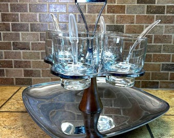 Vintage Milburn Creations Mid-century Modern Condiment Server Rotating Chrome Caddy and Wood Design 4 Glass Cups w/Clear Plastic Spoons, USA