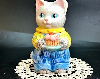 Vintage 1991 Avon “Country Purr-fection” Ceramic Sugar Jam Jelly Bowl w/Spoon Figural Kitten Holding Pink Cupcake