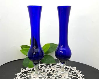 Vintage Cobalt Blue Blown Glass Bud Vases, Twisted Stem, Pair