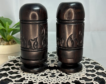 Hand Carved African Blackwood Elephant Salt and Pepper Shakers - Set of 2