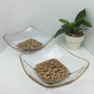 Vintage Set of 2 Georges Briard Olive Nut Bowl Gold Overlay & Trim with Curved Corners and Edges, Signed MCM