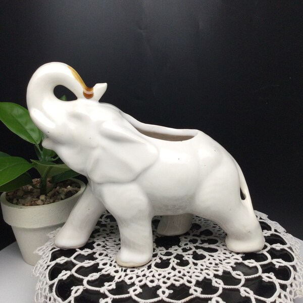 Vintage Off White Glazed Pottery Elephant with Trunk Up, Elephant Indoor Planter