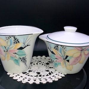 Vintage Eschenbach Porcelain China Covered Sugar Bowl and Creamer, Multi-color Florals and Leavess, Bavaria, Germany