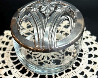 Small Vintage, Seagull Pewter Clear GlassPotpourri Holder, Trinket Bowl, Art Nouveau Flowers, Iris, Signed, CANADA