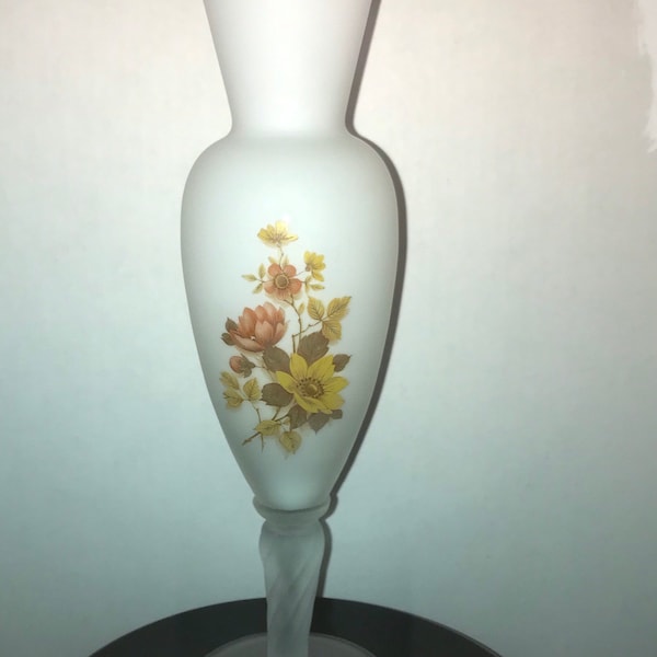 Vintage Frosted White Satin Glass Floral Gold Rim and BaseTrim Bud Vase with Pedestal