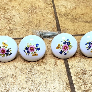 Vintage White Porcelain Cabinet Knobs Pulls Colorful Floral Bouquet