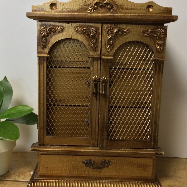 Vintage MCM Armoire Dresser Jewelry Music Box Metal Lattice Doors Hollywood REGENCY/Florentine Design, JAPN