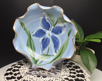 Vintage Italian Ceramic Trinket Dish, Hand Painted Flower, Gilded Edge