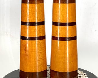 Vintage MCM Two-tone Wood Salt and Pepper Shakers Tapered Cylinder Barrel-shaped