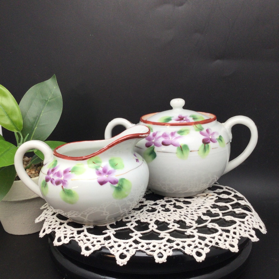 Vintage Hand Painted Porcelain Sugar and Creamer Set, Purple Floral ...