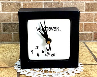 VTG Enesco Our Name is Mud “Whatever” Battery Operated Black Frame White Stoneware Face Fallen Scrambled Numbers Desk/Wall Clock Quartz