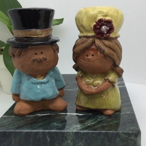 Vintage Nicely Glazed Clay Pottery Man and Women Couple in Very Fine Hats Pair Salt and Pepper Shakers