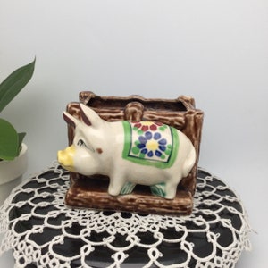 May include: A ceramic piggy bank planter with a brown wooden fence design. The pig is white with a yellow snout and a colorful floral design on its back.