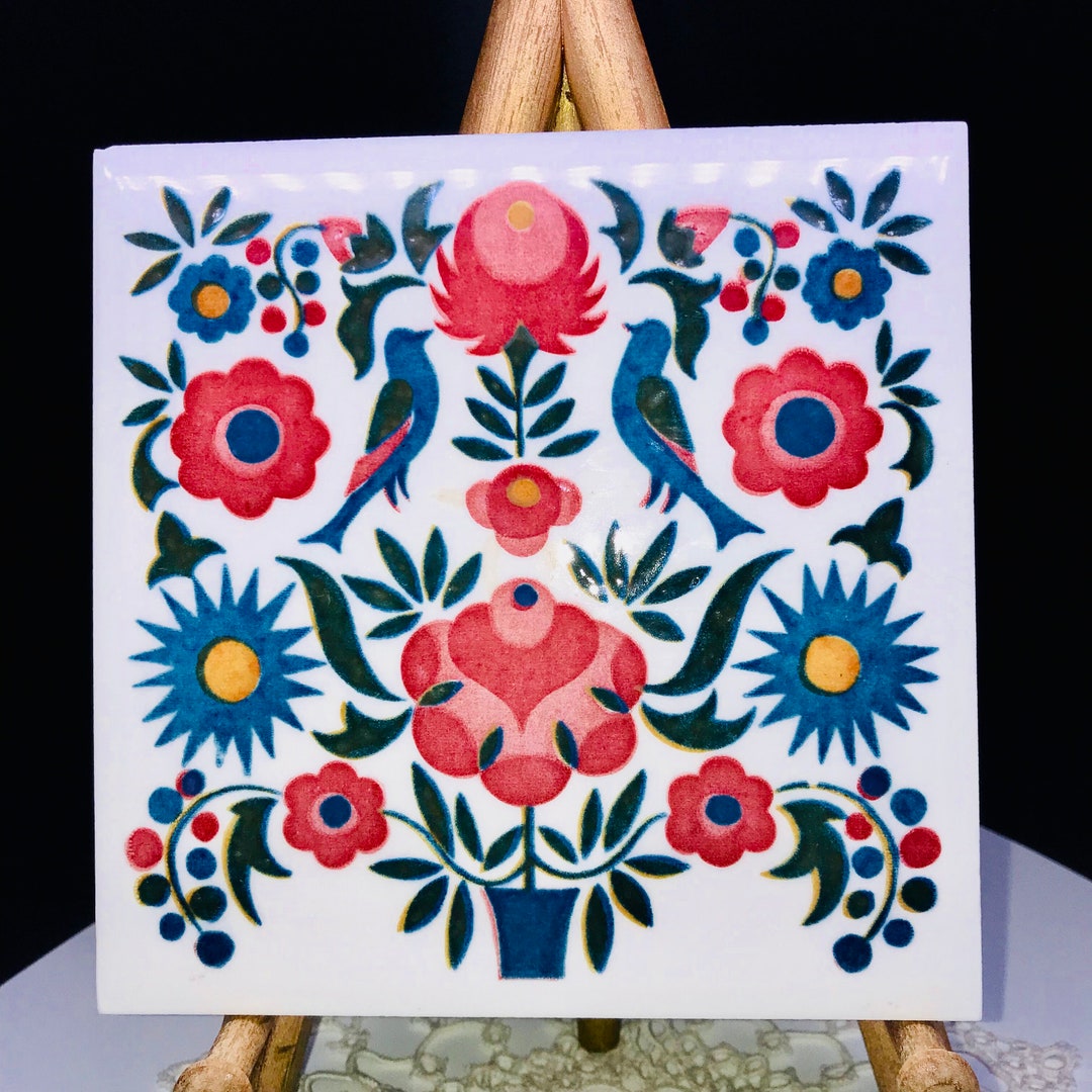 Vintage Ceramic Pottery Art Tile Trivet Hand Painted Decorated Folk Art