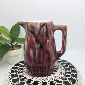 Vintage Trade Mark Coronet Art Pottery Creamer Small Handled Pitcher in Drip-Ware Finish, Ox Blood Red, Brown, White and Black Glazes