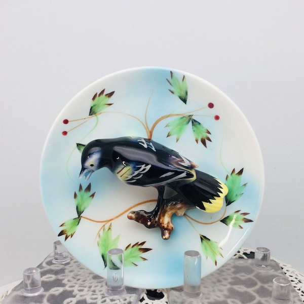 Vintage Napco Bird Round Hand Painted Wall Hanging Plate, 3-D Baltimore Oriole, Bird with Black with Yellow Tail Feathers, Perch on a Branch