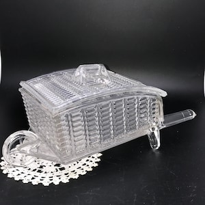 Vintage L.E.Smith Pressed Clear Crystal Glass Garden Wheelbarrow Cart Nut Candy Relish Dish with Lid, USA, Original Sticker