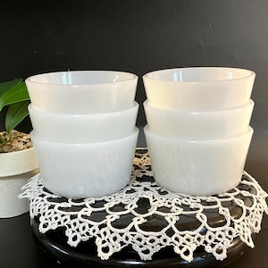 Vintage Lot of 6 GLASBAKE White Milk Glass Custard Ramekin Prep Dish Baking Cups Ovenware, USA