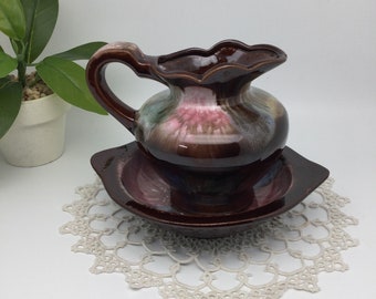 Juego de jarra y cuenco esmaltados vintage de Brinn's, cerámica roja japonesa de los años 60