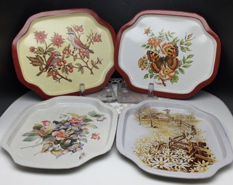 Set of Four Small Vintage Decorative Tin Metal Serving Trays, Farmhouse Motif, Birds, Butterflies, and Wild Flowers, HONG KONG