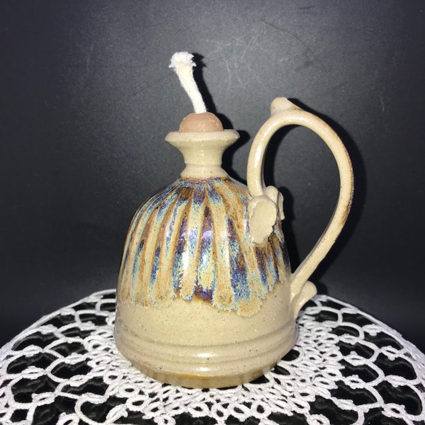 Vintage Studio Pottery Artist Signed Stoneware Oil Lamp Chamber-stick, Ribbed, Tans, Browns, Blue Hues Metal Round Clay Ball Wick Stopper