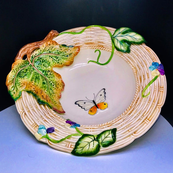 Vintage Fitz & Floyd Classics Majolica Butterfly Bowl Embossed and 3D Ivy Grape Leaf and Multi-colored Florals, Basketweave Design Bowl