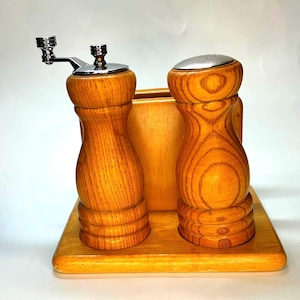 Vintage Three Piece Wooden Turned Olde Thompson Salt Shaker and Pepper Mill Grinder Set with Wooden Napkin Holder, TAIWAN