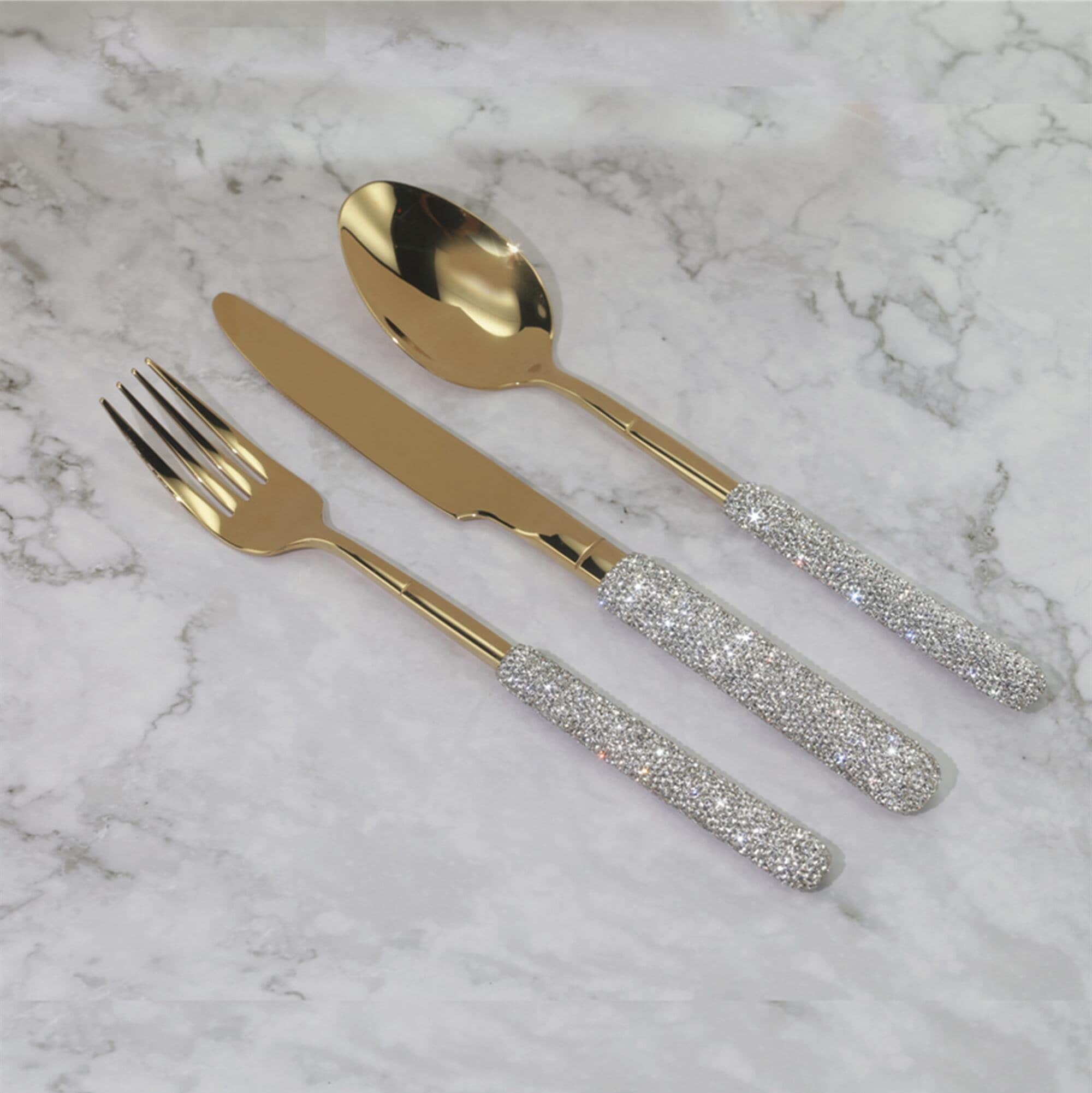 5pcs/set Stainless Steel Crown Handle Cutlery Set With Partial Gold Plating  And Embossed Steak Knives