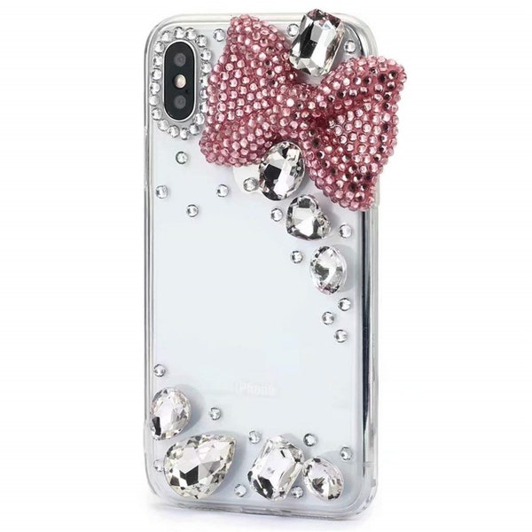 Cute Bow Shiny Diamond Case For iPhone 15/14/13/12/11/Galaxy S23/S22/S21 Luxurious Bling Glitter Gems Sparkle Crystal Rhinestone Cover