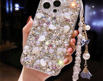 Shiny Crystal Rhinestone Case For iPhone15/14/13/12/11/Galaxy S20/S21/S22/S23 Women Girls  Bling Glitter Diamond Flowers Phone Cover