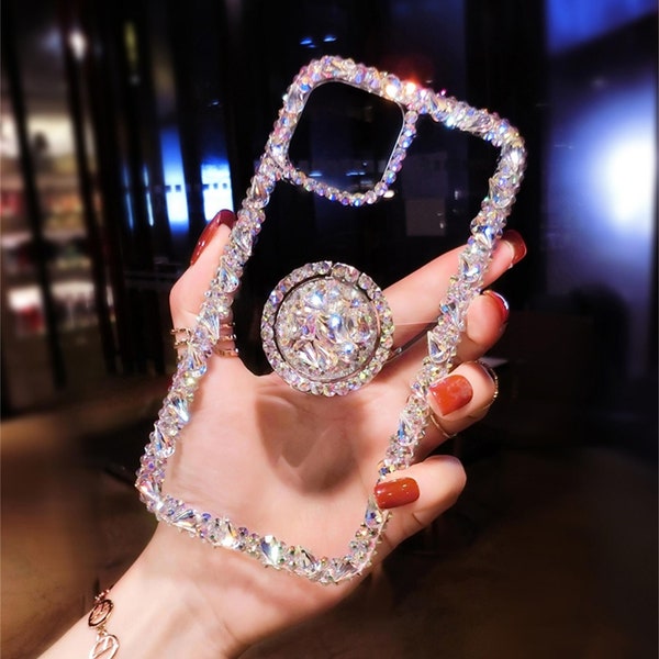 Bling Glitter Diamond Crystal Rhinestone Women Girls Ring Holder Kickstand Case for iPhone 15/14/13/12/11 Samsung Galaxy S24/S23/S22/S21/A15