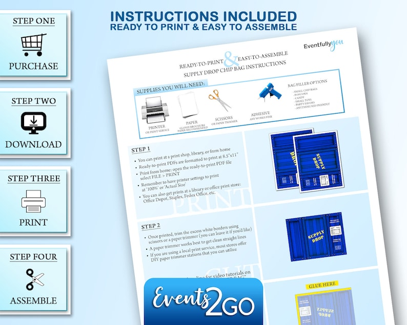 Mystery Blind Loot Goody Party Favor Blue Drop Box Crate Digital Printable Instant Download DIY Gamer Drop Crate Chip Bag