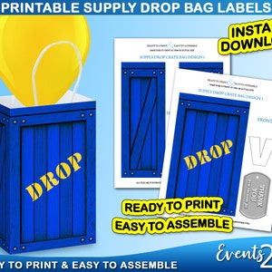 Gamer Drop Crate Bag, Loot Party Favor Blue Drop Box Crate, Goody Bags, Decoration, Digital Printable Instant Download DIY