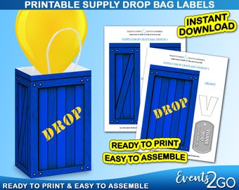 Gamer Drop Crate Bag, Loot Party Favor Blue Drop Box Crate, Goody Bags, Decoration, Digital Printable Instant Download DIY