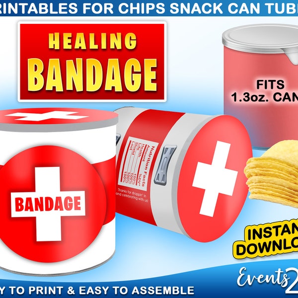 Gamer Bandage Chips 1.3 oz Snack Can Labels & Wrap, Medkit Party Favor Decoración Digital Imprimible Descarga Instantánea DIY