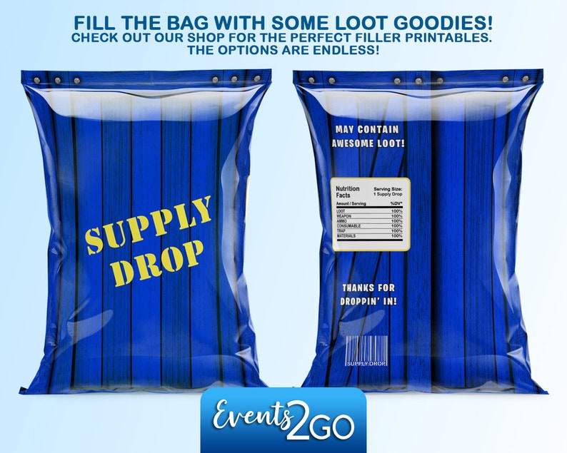 Mystery Blind Loot Goody Party Favor Blue Drop Box Crate Digital Printable Instant Download DIY Gamer Drop Crate Chip Bag