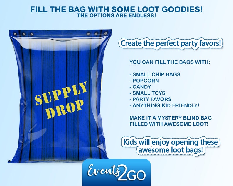 Mystery Blind Loot Goody Party Favor Blue Drop Box Crate Digital Printable Instant Download DIY Gamer Drop Crate Chip Bag