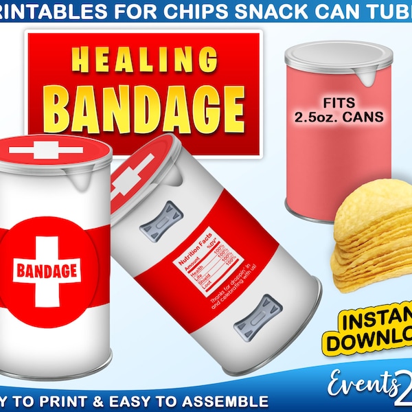 Gamer Bandage Chips 2.5 oz Snack Can Labels & Wrap, Medkit Party Favor Decoration Digital Printable Instant Download DIY