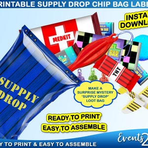 Sacchetto di patatine Gamer Drop Crate, Mystery Blind Loot Goody, Party Favor Blue Drop Box Crate, download istantaneo stampabile digitale fai da te